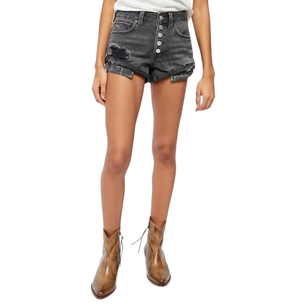 Free People Romeo Rolled Cutoff Shorts Black 26 New Denim Jean Exposed Button